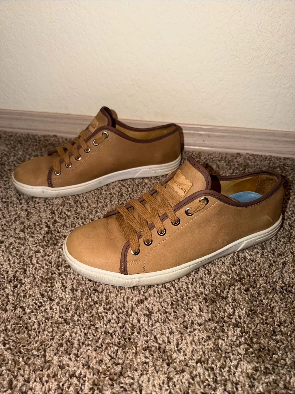 Peter Millar Men’s Tan Leather Low-Top Sneakers with White Sole
